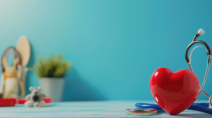 Bright red heart and stethoscope on a desk with a vibrant blue background, symbolizing healthcare and cardiovascular wellness.