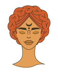 The head of a girl without a body with a braid around her head, with marks on her face. Flat vector illustration, vintage