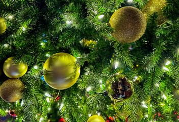 Festive gold ornaments on the tree