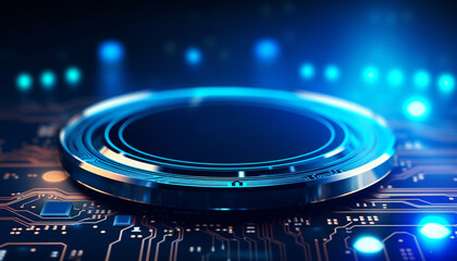 Blue glowing circuit board, technology illuminates computer equipment generated by AI