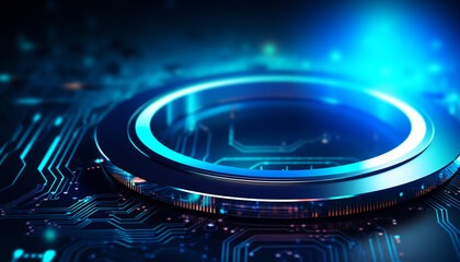 Blue computer chip glows, powering modern technology generated by AI