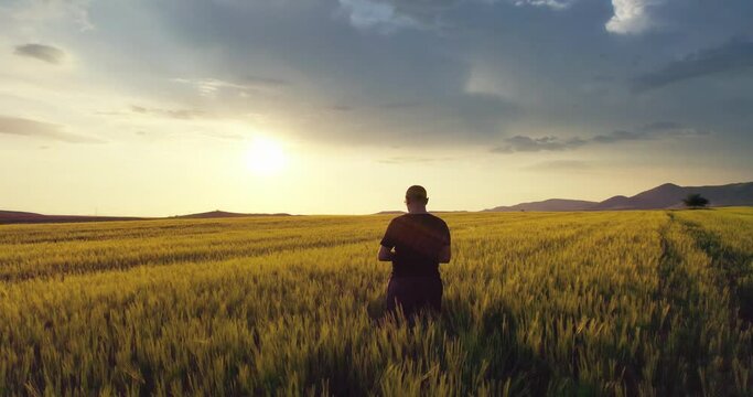 Agronomist male farmer standing in a wheat field during sunset. Man Enjoys Nature