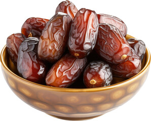 Date fruits fresh sweet dried healthy snack in a wooden bowl plate isolated background