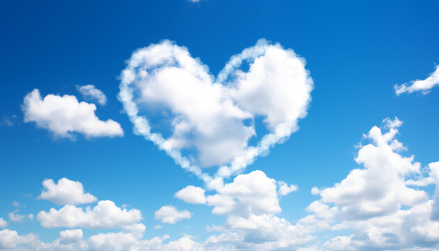 Blue sky, fluffy clouds, love in nature generated by AI