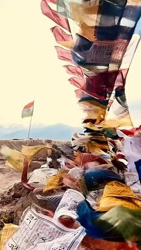 Different view of prayer Tibetan flag waving slow-motion in different places. 