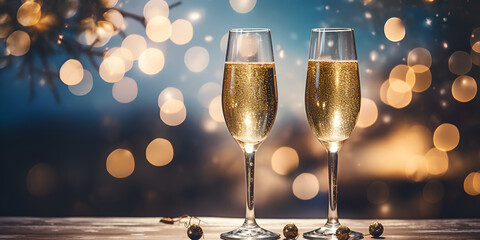 two glasses of champagne, champagne glasses against holiday lights and new year fireworks, Glasses of wine on romantic blurred background, Glasses with drink near bottle, generative AI

