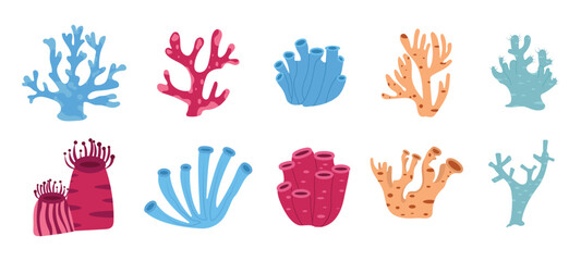 Coral reef illustration. Vector set of colored corals and seaweeds silhouettes. Underwater coral reef and sea kelp in flat style. Aquarium plants illustration.