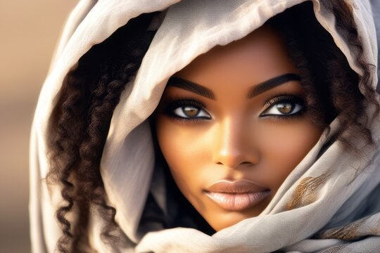 Retrato de uma mulher Jovem negra, linda, com pano na cabe&ccedil;a, olhos claros, gerado com ia (Playground)