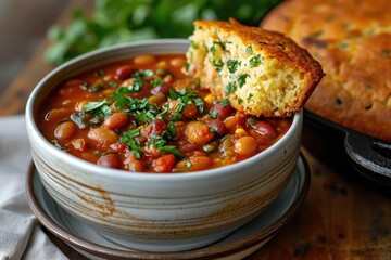 A bowl of pinto beans is paired with a slice of bread - obrazy, fototapety, plakaty