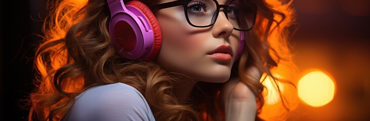 Young woman with glasses and headphones enjoying her surroundings - obrazy, fototapety, plakaty