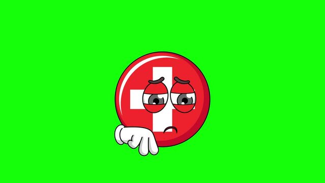Sad flag of swiss cartoon, mascot animation with green screen