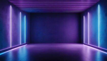 A blue and purple neon light with blue purple empty room with wall.