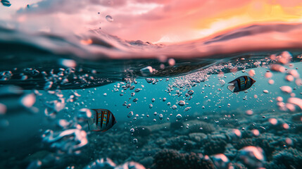 水面の上が夕暮れのピンクの空、2分割された下半分が泡と珊瑚がある南国の海の中を熱帯魚が泳いでいる水中写真 - obrazy, fototapety, plakaty