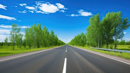 Naklejka premium highway in the grassland background of blue sky and bright clouds, long road stretches into the distance. empty street on a beautiful sunny day