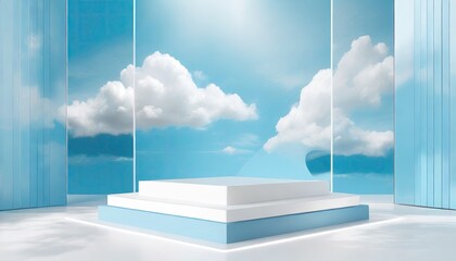 A blue wall podium stage with blue sky and clouds.