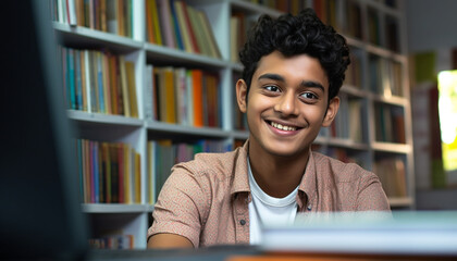 Smiling schoolboy studying in library with bookshelf generated by AI
