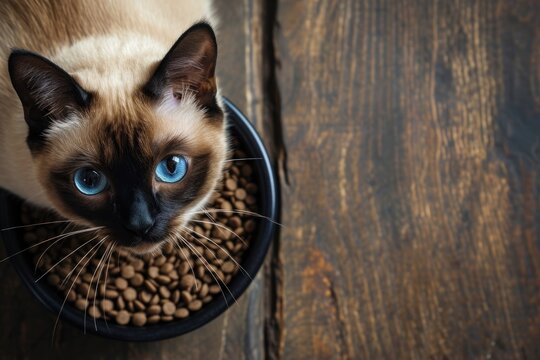 Top view, photo of a cat eating from a bowl of food, copy space. Generative AI.