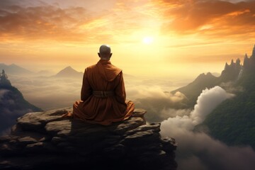 Zen Monk Meditating, sitting on a mountain t with a view of the valley., in his search of Spiritual Enlightenment, Compassion, Love and Inner peace. A representation of Devotion, Solitude and Grace - obrazy, fototapety, plakaty