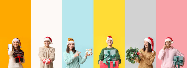 Collage of young woman and man in winter clothes and with Christmas gifts on color background