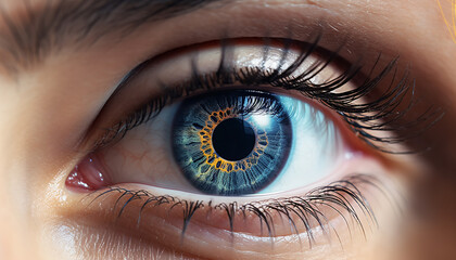 Fototapeta premium Blue iris staring, close up of woman eye generated by AI