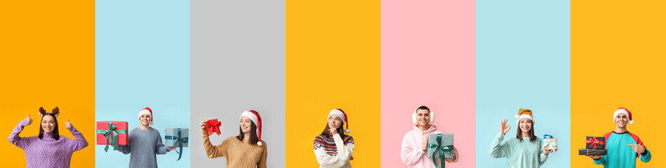 Group of young woman and man in winter clothes and with Christmas gifts on color background