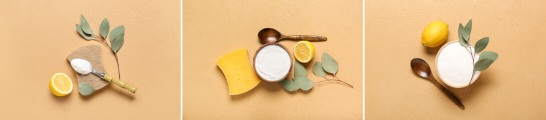 Collage of baking soda, sponges, lemon and eucalyptus branches on beige background