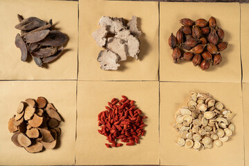 Ancient Chinese medicine and different herbal ingredients on table.