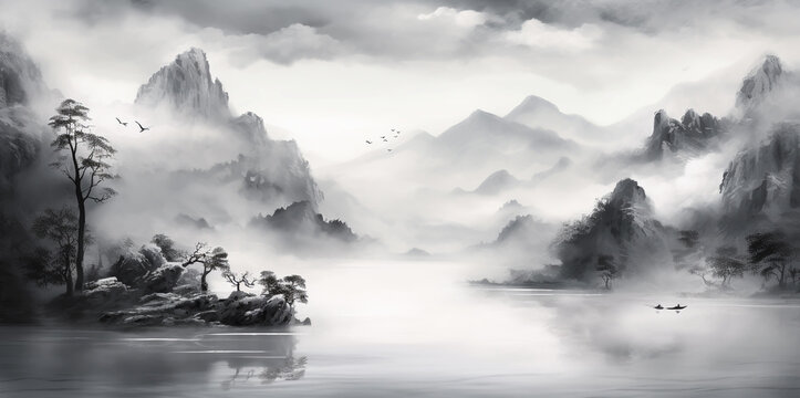Black and white watercolor paintings of nature, mountains, rivers, clear skies and wildlife.