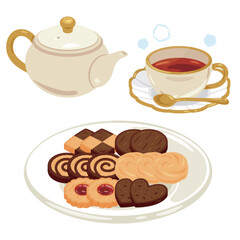 皿に盛られた色々な種類のクッキーとホットティーのセット