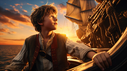 海賊に憧れる男の子が海賊帽子を被って船に乗って明るい笑顔をしている - obrazy, fototapety, plakaty