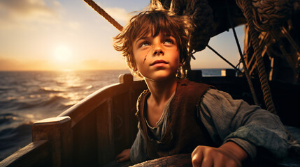海賊に憧れる男の子が海賊帽子を被って船に乗って明るい笑顔をしている - obrazy, fototapety, plakaty