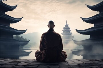 Zen Monk sitting in Meditation with a view of Ancient Temples in his search of Spiritual Enlightenment, Compassion, Love and Inner peace. A representation of Devotion, Solitude and Grace - obrazy, fototapety, plakaty