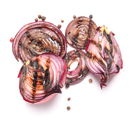 Tasty grilled onion pieces and peppercorn on white background