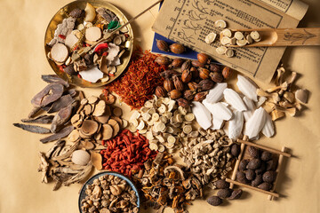 Ancient Chinese medicine and different herbal ingredients on table.