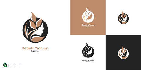 Luxury women face with beauty nature logo design inspiration