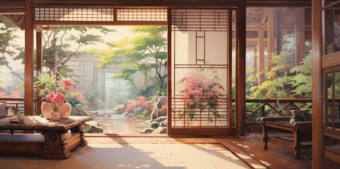 Picture of a Japanese style relaxation room that overlooks beautiful nature in pastel tones.