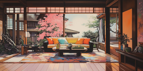 Picture of a Japanese style relaxation room that overlooks beautiful nature in pastel tones.