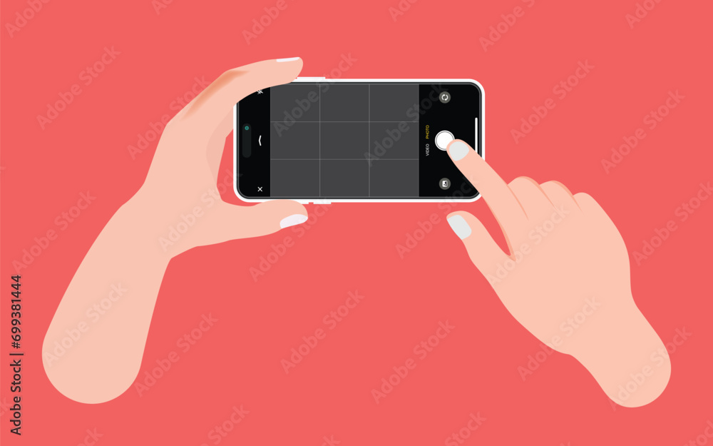 Poster taking a photo with a smartphone: a finger touches the mobile phone screen to capture the picture wh