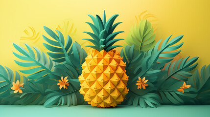 fresh pineapple fruit background in paper art style - obrazy, fototapety, plakaty