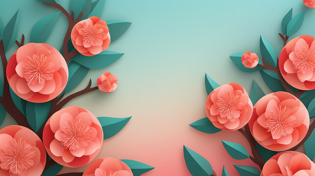 fresh peach with leaves fruit background in paper art style