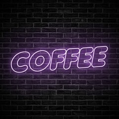 Coffee neon sign logo illustration, emblem in neon style, bright night sign, coffee night advertisement. Neon purple coffee typography on brick wall.