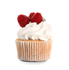Tasty raspberry cupcake on white background
