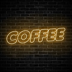 Obraz premium Coffee neon sign logo illustration, emblem in neon style, bright night sign, coffee night advertisement. Neon orange coffee typography on brick wall.