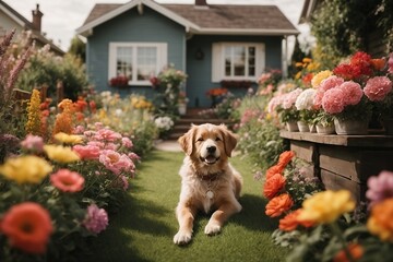 cachorro com flores - obrazy, fototapety, plakaty