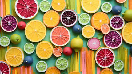 colorful background concept with various handmade paper fruit on stripes of colorful paper