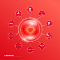 Red strawberry slice in bubble. Fruits rich in vitamins minerals from natural. Vitamin C collagen potassium calcium iron with beta carotene essential to the health skin care and body. Vector EPS10.