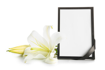 Blank photo frame with lily flower on white background