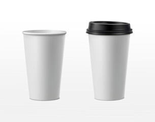 3d realistic vector icon illustration. Paper coffee cup with black lid and without.