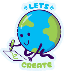 Kawaii Earth Character Drawing Holding a Crayon