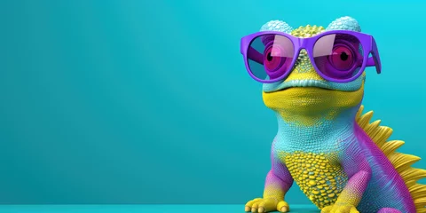 Fototapeten 3d cartoon colorful chameleon wearing sunglasses on colorful background, copy space © Kien